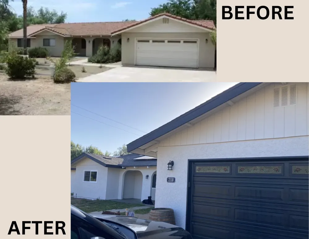 Before and after exterior refresh of a single-story home in white with charcoal trim