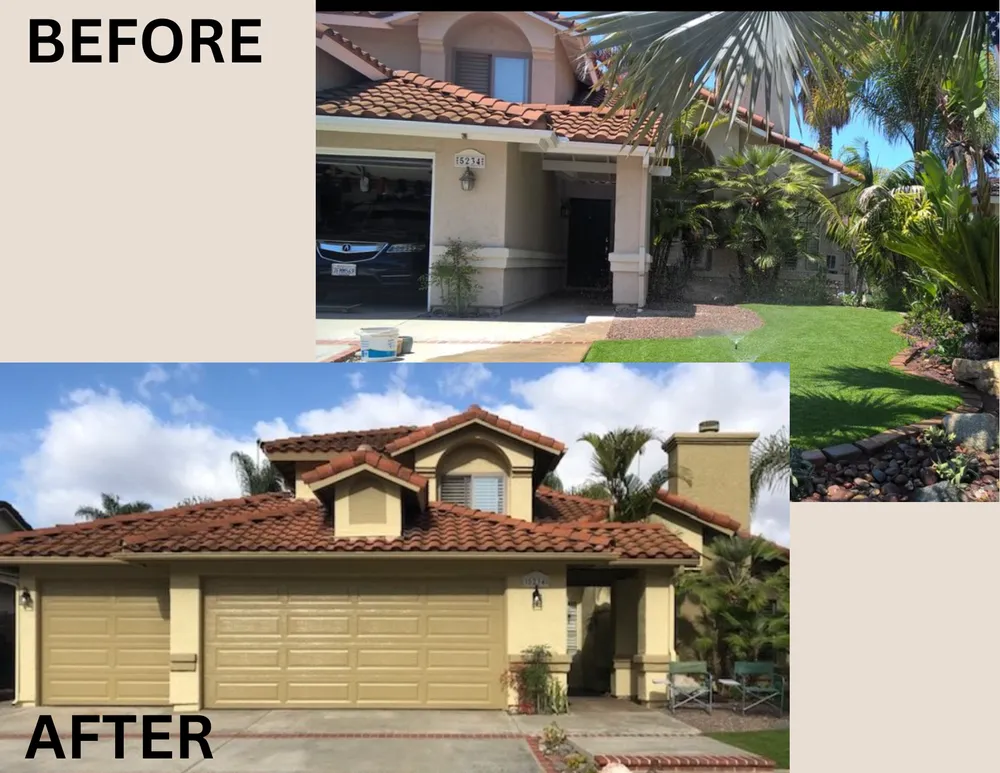 Before and after stucco repaint of a Spanish-tile two-story home in North County San Diego
