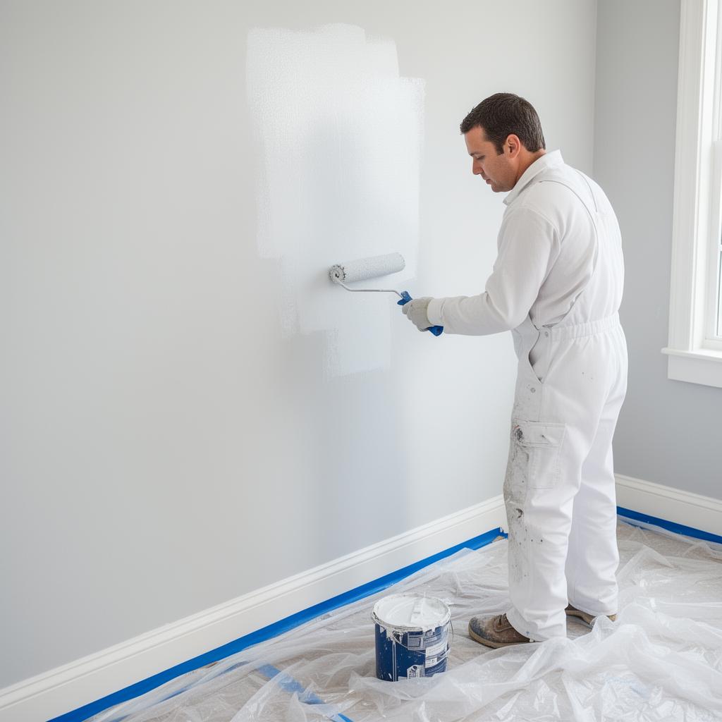 Professional painter in white uniform rolling fresh paint on an interior wall with drop cloths and blue tape