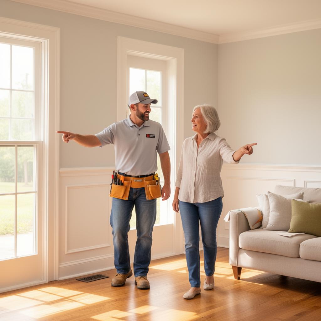 Painting contractor and homeowner inspecting a freshly painted living room during the final walkthrough